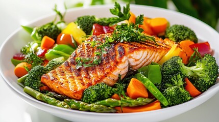 Grilled salmon fillet with fresh vegetables on a white plate