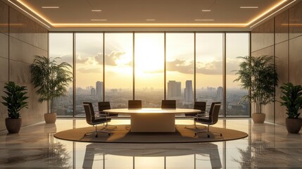Fototapeta premium A modern conference room with panoramic city views, featuring a large round table, comfortable chairs, and plants, illuminated by a warm sunset glow.