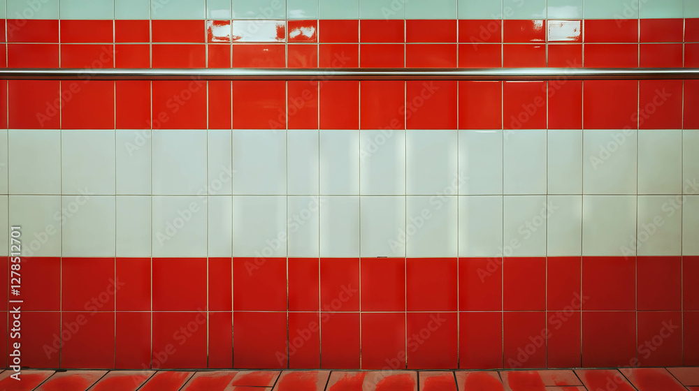 Poster red and white tiled wall texture with chrome element for interior design