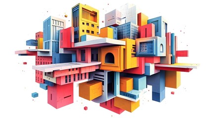 Vibrant Geometric Cityscape with Colorful Abstract Facades and Modern Architectural Structures