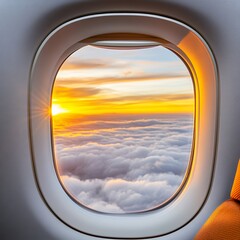 Aerial Sunrise View From Airplane Window Orange And Yellow Hues Over White Clouds