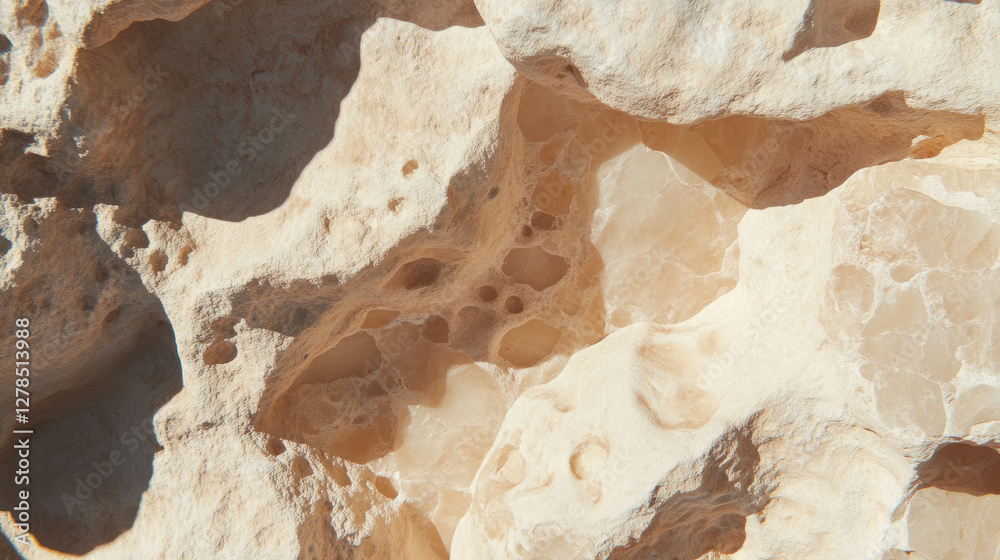 Poster close-up texture of rough beige limestone with porous surface for natural design projects