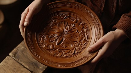 Intricate Hand-Carved Clay Plate Held by Artisan in Workshop