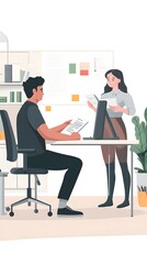 A male employee is sitting at his desk and working on the computer, while another female worker stands next to him
