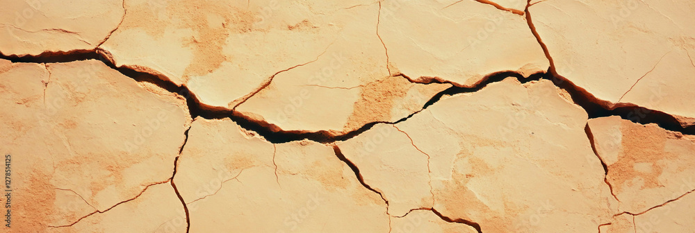 Poster texture of rough beige plaster with deep cracks for artistic background or design