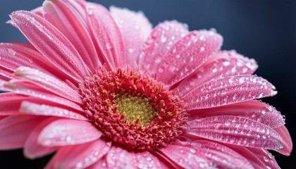Close-up of a vibrant pink flower with pollen-covered stamens, adorned with tiny sparkling dewdrops. Soft natural light enhances the delicate textures and rich colors
