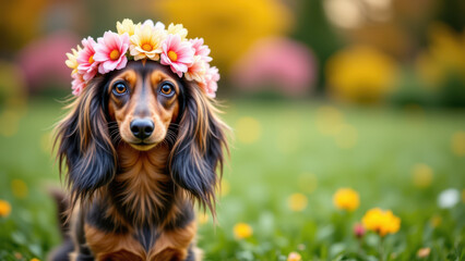 A long-haired Dachshund with a flower crown standing in a garden filled with flowers.
