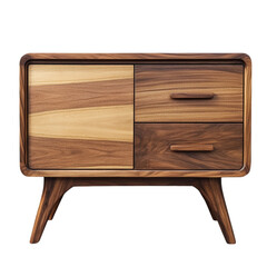 Modern sideboard with three drawers and one door, in a walnut wood color, isolated on a Transparent background.