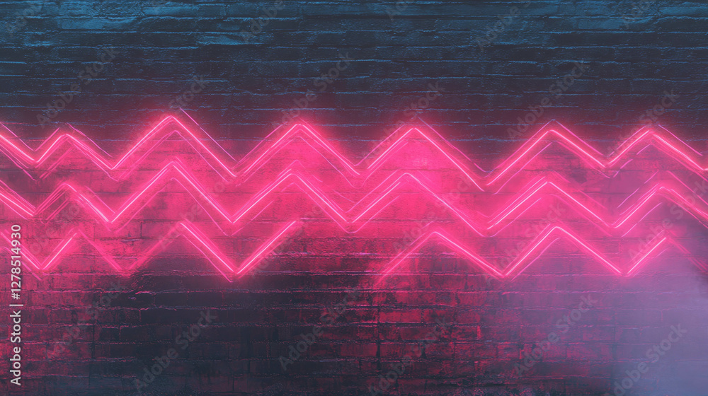 Poster dark brick texture with vibrant red neon zigzag patterns for creative design