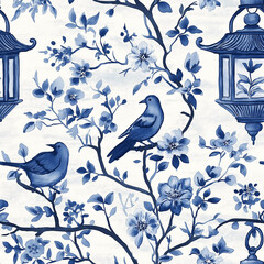 Elegant Blue Floral Bird Pattern Wallpaper - Vintage Chinoiserie Home Decor