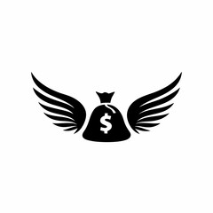 Financial Freedom Icon or logo, Money Bag with Wings Taking Flight Black Silhouette