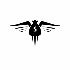 Financial Freedom Icon or logo, Money Bag with Wings Taking Flight Black Silhouette