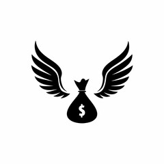 Financial Freedom Icon or logo, Money Bag with Wings Taking Flight Black Silhouette