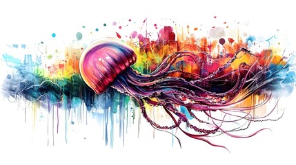 Vibrant Underwater Jellyfish Digital Art with Fluid Motion and Colorful Splashes