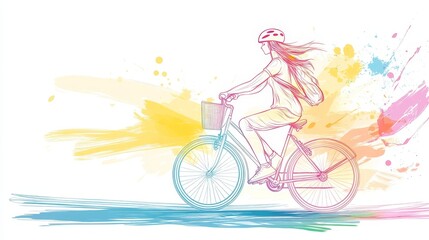 Vibrant Illustration of Woman Riding Bicycle with Colorful Splashes