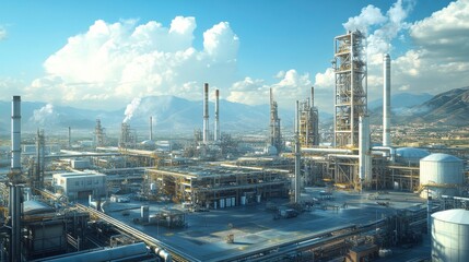 Fototapeta premium A sprawling industrial complex with tall smokestacks and machinery under a bright blue sky, showcasing the scale of modern energy production.