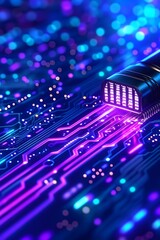 Obraz premium Futuristic digital circuit technology with vibrant blue and purple lights abstract art high-tech environment close-up view