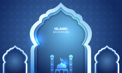 Ramadan and Eid blue greeting cards design with Islamic pattern and creative mosque. Vector illustration