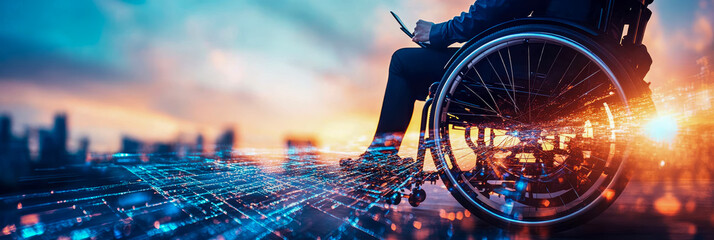 Inclusion Concept: Person in a Wheechair with Digital Overlay of a Cityscape, Promoting Accessibility and Technology