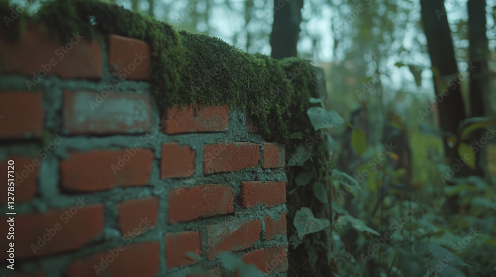 Aufkleber rustic brick wall with moss in a lush forest setting