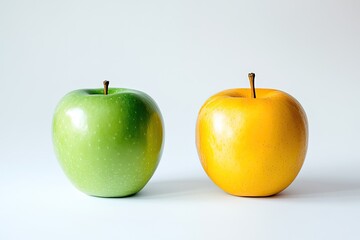 A bright green apple and a yellow banana, isolated on a white background