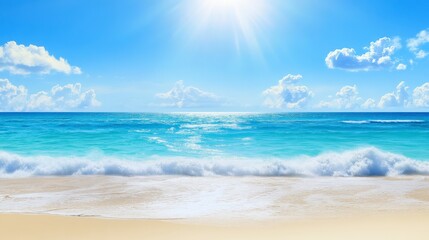 Fototapeta premium Stunning Beach Scene with Azure Ocean and Fluffy Clouds