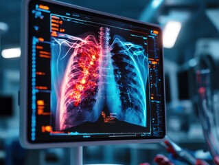 Digital X-ray display with glowing effects, high-tech medical scan visuals, AI-assisted diagnostics, sci-fi hospital environment