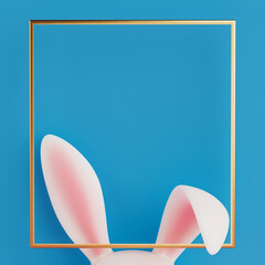 Easter Rabbit Ears in Golden Frame with Free Space for Your Design. 3d Rendering