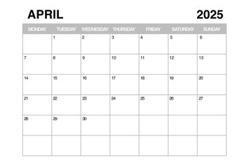 April 2025 Monthly Calendar Planner Template. 3d Rendering