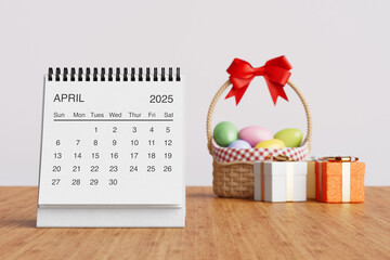 White Desk Monthly April 2025 Business Calendar Near Easter Basket with Eggs and Gift Boxes. 3d Rendering