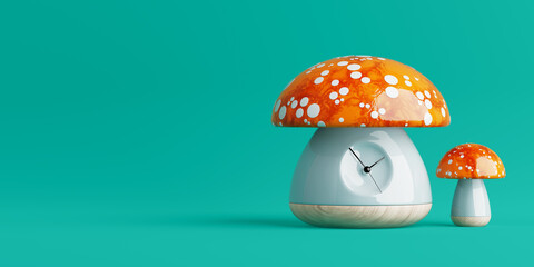 Children Toy Clock in a Shape of Red Fly Agaric Mushrooms. 3d Rendering