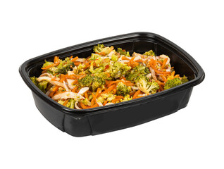 A black container with broccoli and carrots on a white background