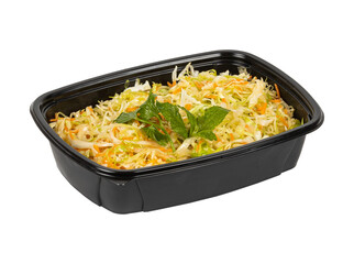 Black container with rice and vegetables on a white background