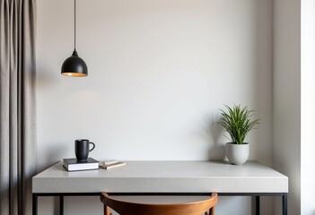 Bright Hotel Room Interior with Cool Grey Travertine Desk: Featuring Natural Light and a Plain White Wall - Ideal for showcasing Luxury Hotel Environments.

