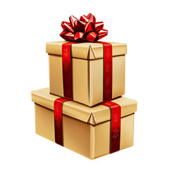 Fototapeta premium Three golden gift boxes with red ribbons, stacked on top of each other, isolated against a Transparent background,