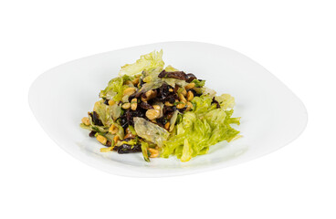 A beautifully presented salad on a white plate and background