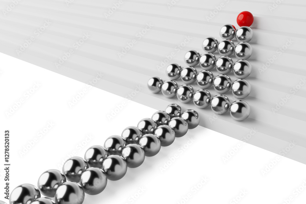 Fototapete leadership concept. rows of balls in the form of an arrow ascending steps with red in front. 3d rend