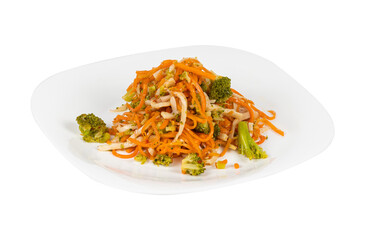 A white plate with carrots and broccoli on a white background