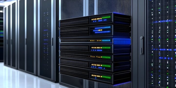 Data center rack servers in a modern server room high-tech environment secure infrastructure overview