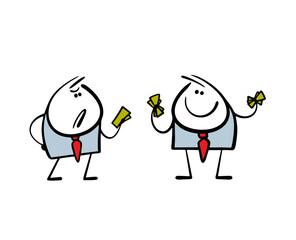 Two businessmen compare profits. Vector illustration of office employee receiving a salary. A loser is jealous of a rich man. Isolated funny characters on white background.
