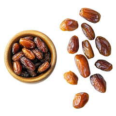dates in a wooden bowl and the other on the top right with some loose ones next to it, on a Transparent background