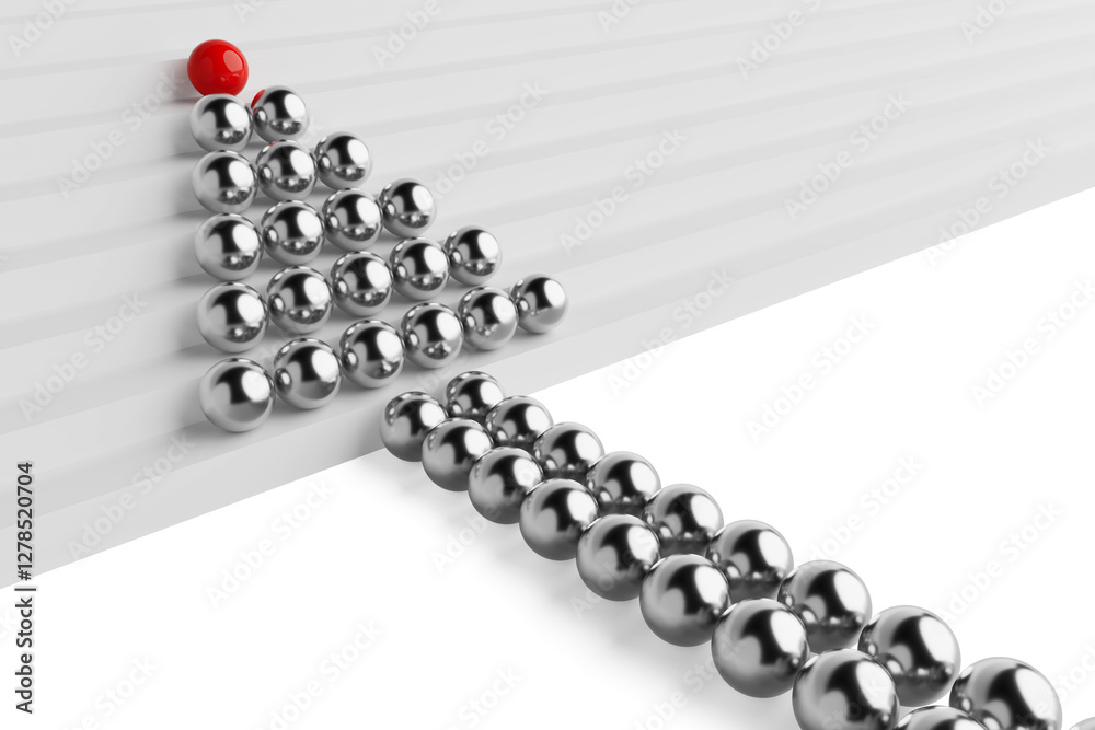 Fototapete Leadership Concept. Rows of Balls in the Form of an Arrow Ascending Steps with Red in Front. 3d Rendering