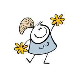 Young girl is dancing a dance with pom-poms. Vector illustration of cheerleading during match breaks. Playing basketball, volleyball, or soccer. Isolated funny character on white background.