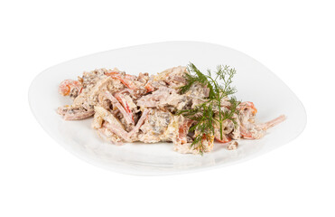 A white plate beautifully topped with a fresh salad on a clean white background