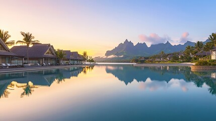 Fototapeta premium Serene Tropical Island Resort at Sunrise: Luxury Vacation Destination