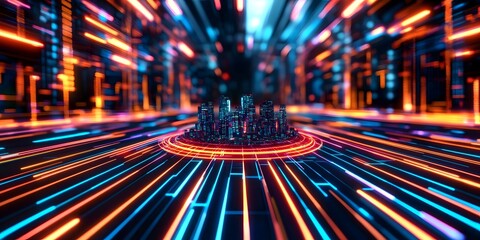Fototapeta premium Digital virtual city scanning for cybersecurity threats urban environment 3d visualization futuristic