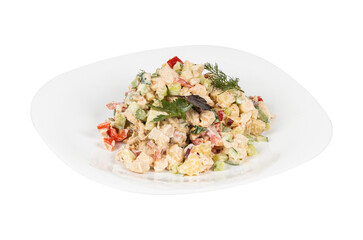 A white plate topped with a fresh salad on a white background