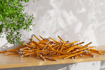 Heap of Many Pencils on a Wooden Table. 3d Rendering