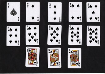 A montage of vintage playing cards in the same suit.