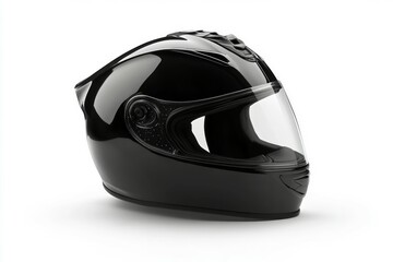 Fototapeta premium Black motorcycle helmet on solid white background. AI image
